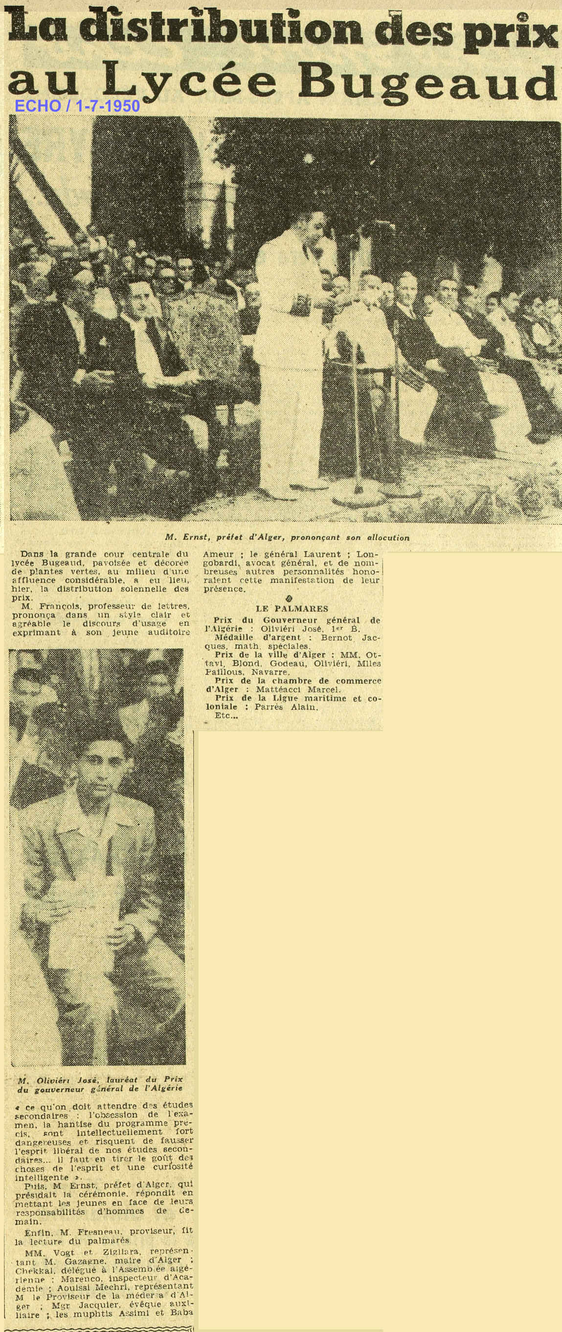 A la distribution des prix du lycée Bugeaud - 1950