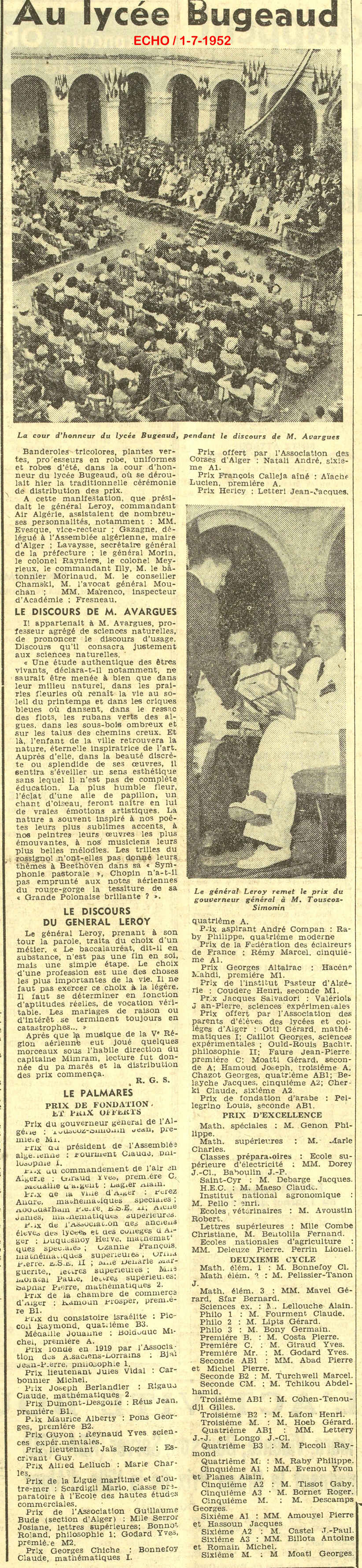 La solennelle cérémonie de distribution des prix auLycées Bugeaud - 1952