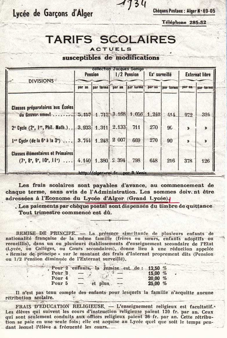 lycée bugeaud,tarifs scolaires des internes en 1934,sonigo