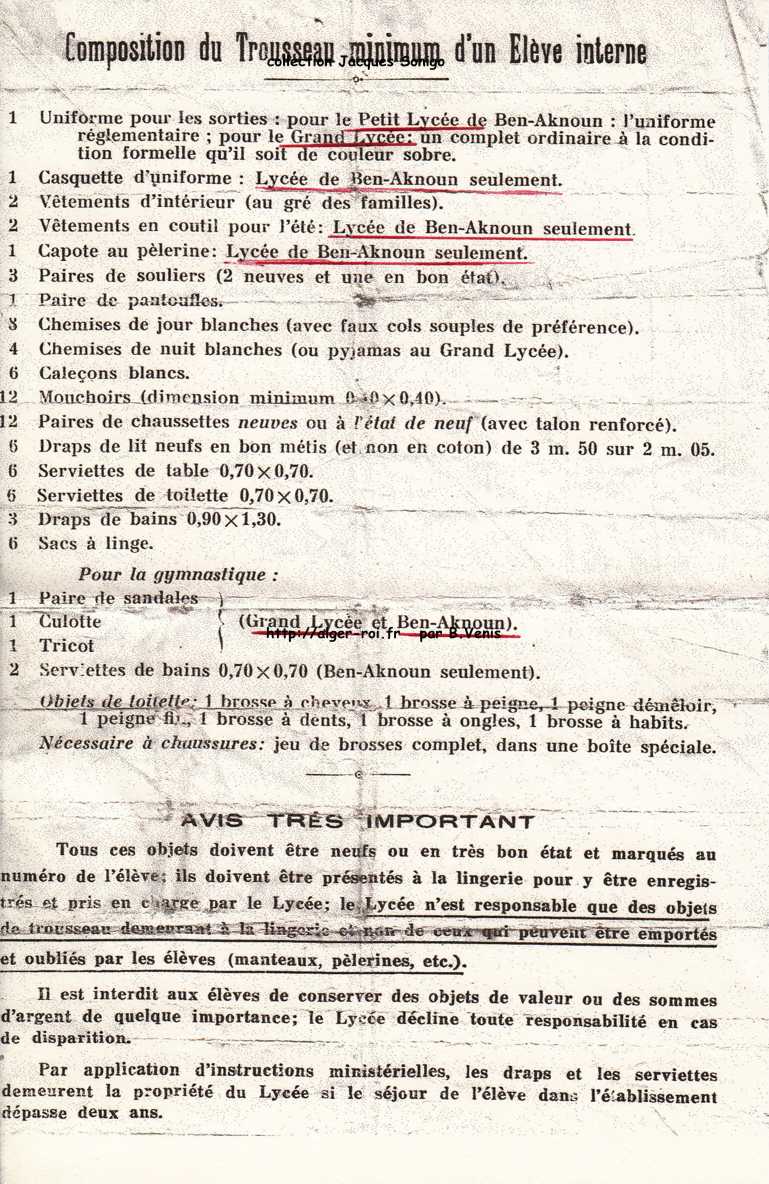 COMPOSITION DU TROUSSEAU MINIMUM D'UN ELEVE INTERNE EN 1934