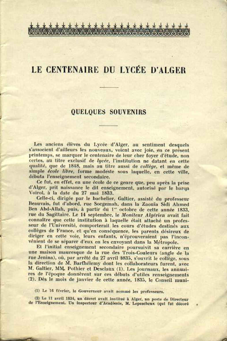 Centenaire du lycée Bugeaud 1833-1933