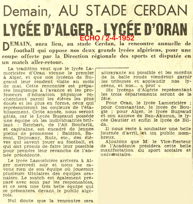 Lycée Bugeaud Alger bat Lycée Lamoricière Oran en football: 5 à 1 - 1952 