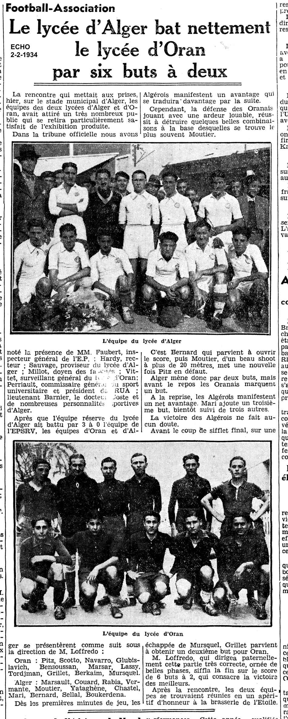 Lycée d'Alger bat l'équipe d'Oran - 6 buts à 2 - 1934